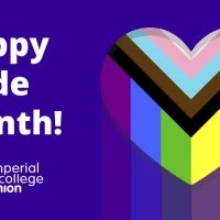 Happy Pride Month! In white text on a dark purple background. There is a rainbow coloured heart on the right and the imperial college union logo in the bottom left.