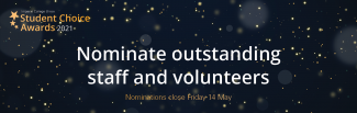 Dark background with sparkles, Student Academic Awards 2021 logo, title: Nominate outstanding staff and volunteers