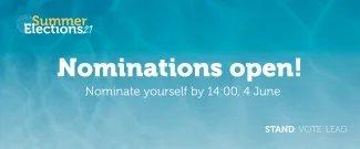Water effect background, Summer Elections 21 logo, Text: Nominations open! Nominate yourself by 14:00, 4 June