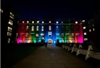 Imperial College Union lit up in rainbow colours