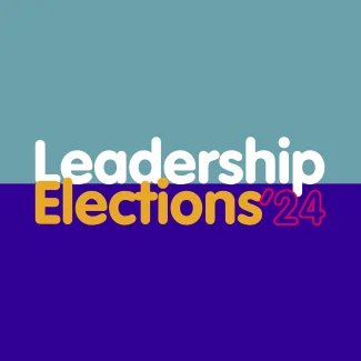 Leadership Elections '24 written in sans serif text with curved edges. The background colours are teal and violet.