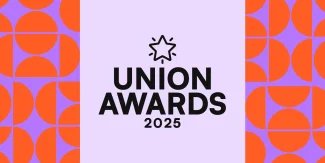 Web banner for the 2025 Union Awards, with a purple background and orange and purple graphics. 